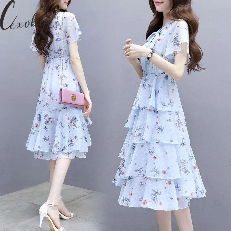 Top Trends: Korean Style Print Elegant Dress Women Vintage Short Sleeve Bodycon Dress Ladies Bow V-Neck Collar Party Dress Summer Vestidos Shoppable Styles