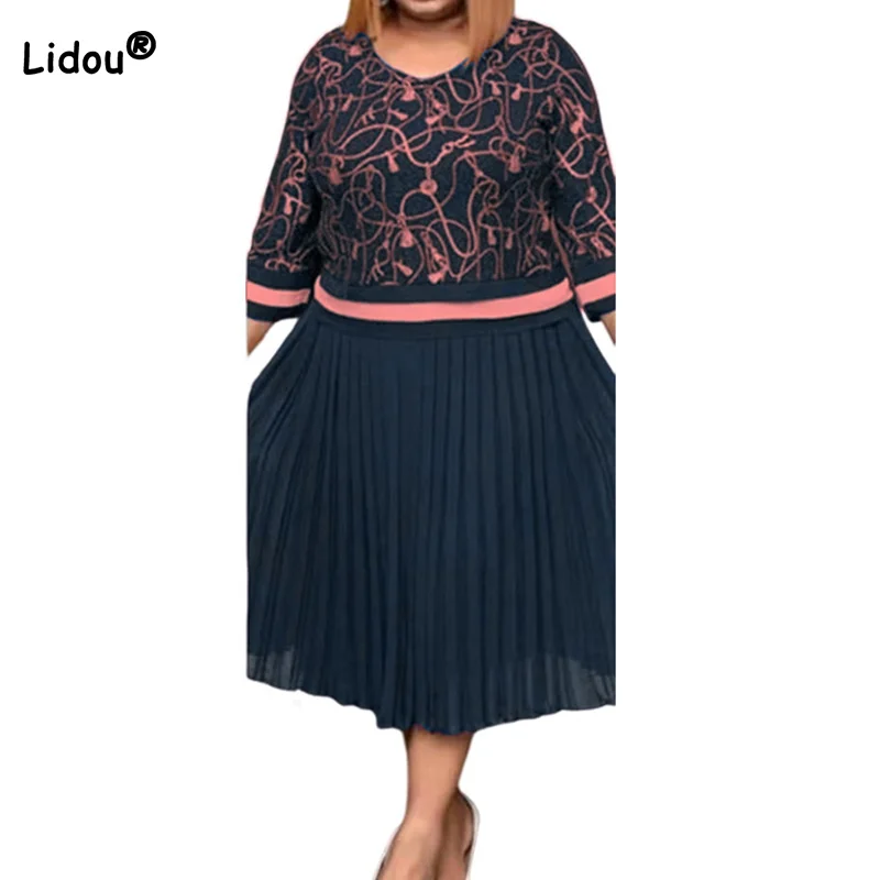 Top Trends: Streetwear Chiffon Round Neck Pleated Skirt Fashion Spring Autumn Plus Size Clothes Print Three Quarter Sleeve Loose Mid Dress Shoppable Styles