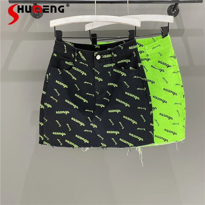 Top Trends: 2022 Summer New Korean Style Fashion Women&#039;s High Waist A- Line Skirt Personality Fluorescent Green Letter Print Denim Skirt Shoppable Styles