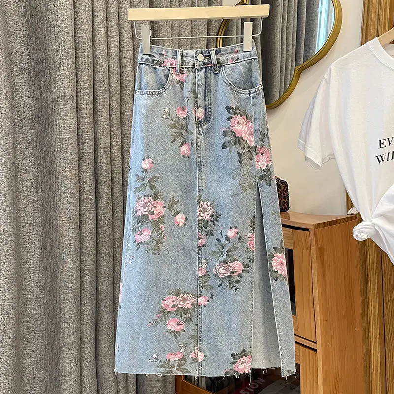 Top Trends: Spring Summer Slit Hem Denim High Irregular Skirts 2023 New Printing Fashion FASHION SKIRT Streetwear Korean Fashion Hip Skirt Shoppable Styles