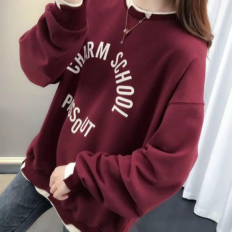 Top Trends: Fashion Printed Fake Two Pieces Sweatshirts Female Clothing 2023 Autumn Winter Loose Casual Embroidery Tops Korean Sweatshirts Shoppable Styles