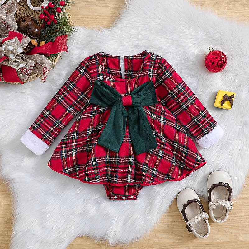 Top Trends: BeQeuewll Infant Baby Girls For Fall Winter Christmas Romper Dress Plaid Print Long Sleeve Jumpsuit With Bow For 0-18 Months Shoppable Styles