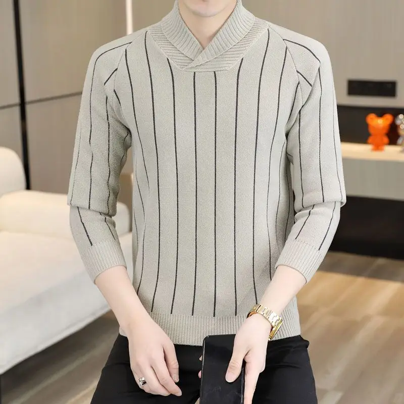 Top Trends: Fashion Lapel Casual Striped Sweaters Men&#039;s Clothing 2023 Winter Loose Knitted Korean Pullovers All-match Tops Shoppable Styles