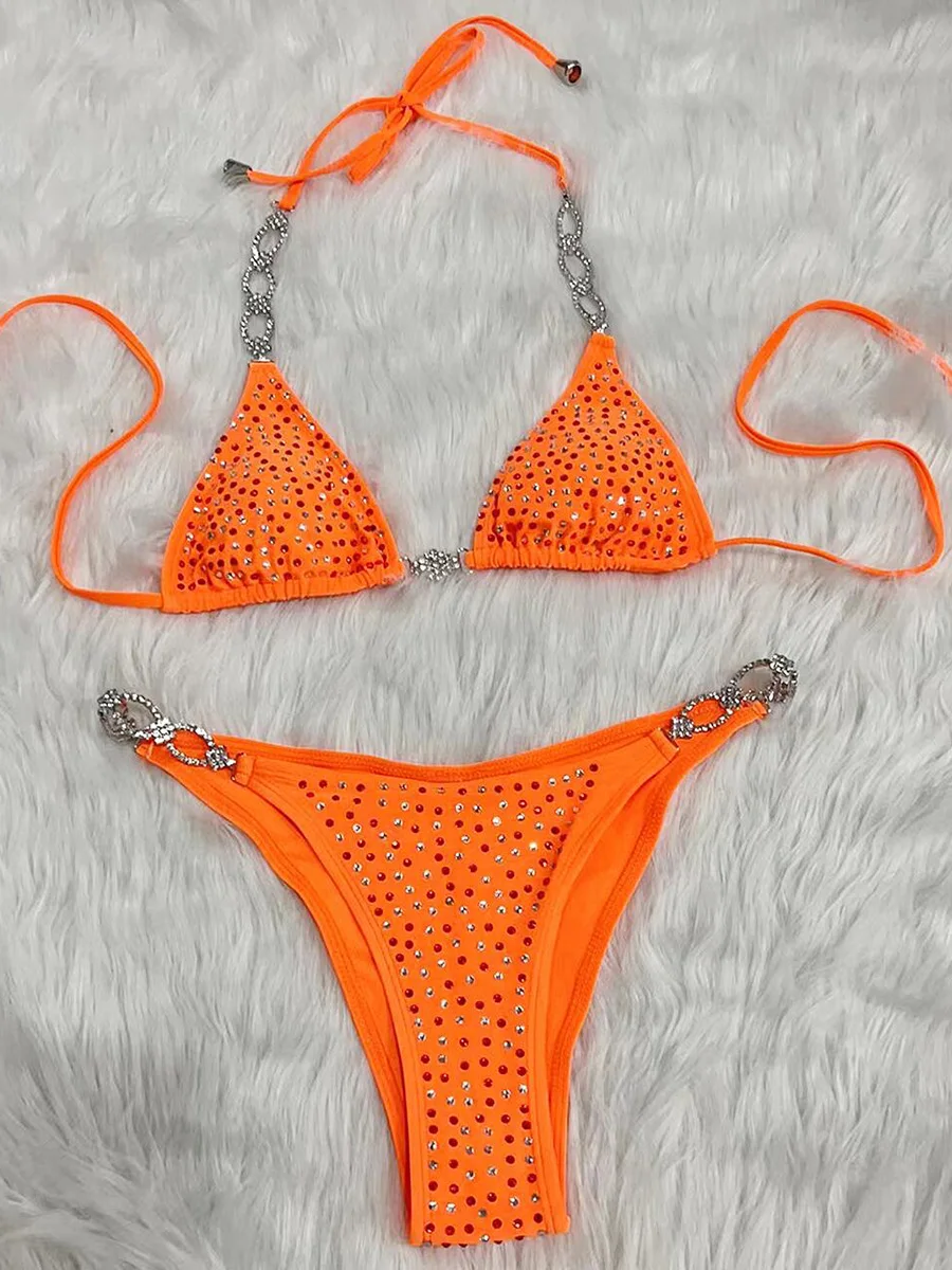 Top Trends: Shiny Sequins Rhinestone Bikini Women Swimwear Female Swimsuit Two-pieces Bikini Set Metal Chain Halter Bather Bathing Suit Swim Shoppable Styles