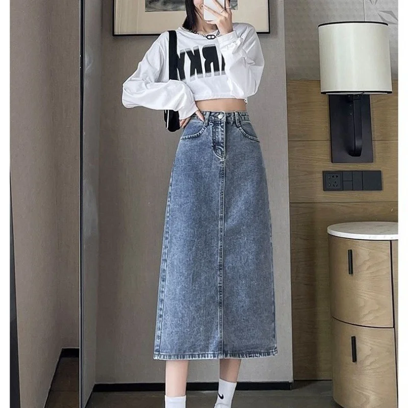 Top Trends: Fashion Denim Long Skirt Y2k Vintage High Waist Split Midi Jeans Skirt 2023 Summer Women&#039;s Clothing Korea Stylish Shoppable Styles