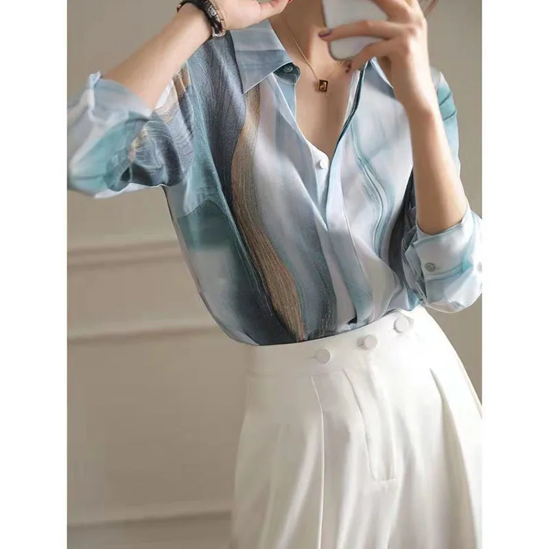 Top Trends: Fashion Gradient Printed Elegant Turn-down Collar Chiffon Blouse Female Korean Loose Long Sleeve Button Shirt Women's Clothing Shoppable Styles