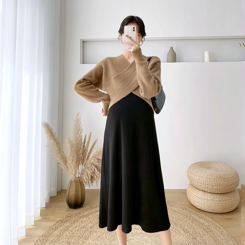 Top Trends: Fashion Autumn Maternity Knitting Dresses Clothes For Pregnant Women 2023 New V-Neck Pullover Sweater &amp; Dress 2 Piece Set Shoppable Styles