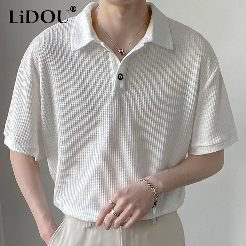 Top Trends: 2023 Summer Men Solid Color Tops New Korean Style Button Polo Shirts Fashion Casual Loose Lapel Polo Shirts Men&#039;s Clothing Shoppable Styles