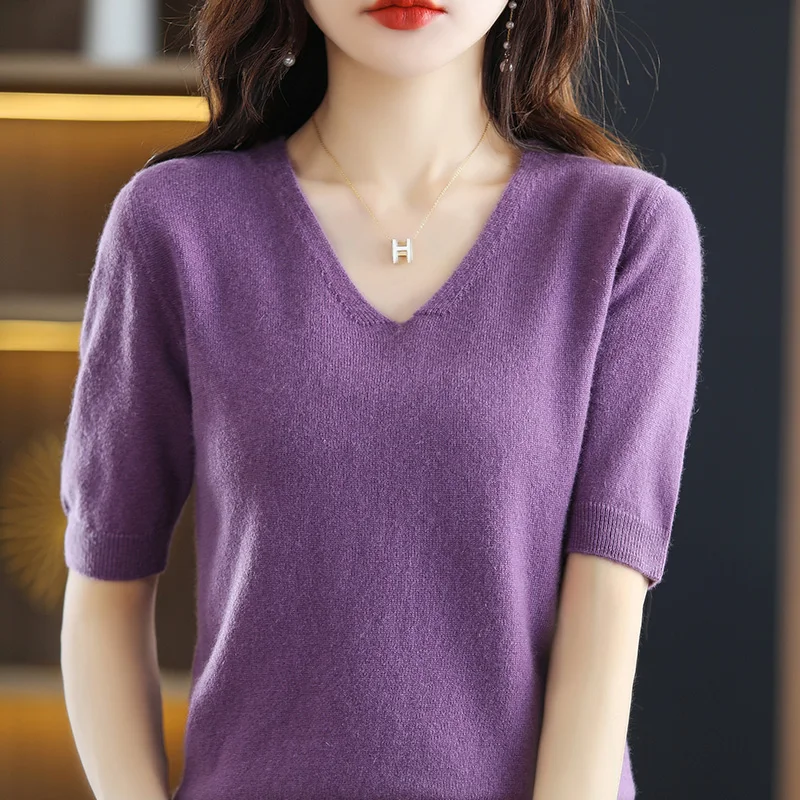 Top Trends: 2022 Spring Summer Women&#039;s Cashmere Sweater Short Sleeve V-Neck Pullover Casual Solid Color Short Sleeve High Quality Shoppable Styles