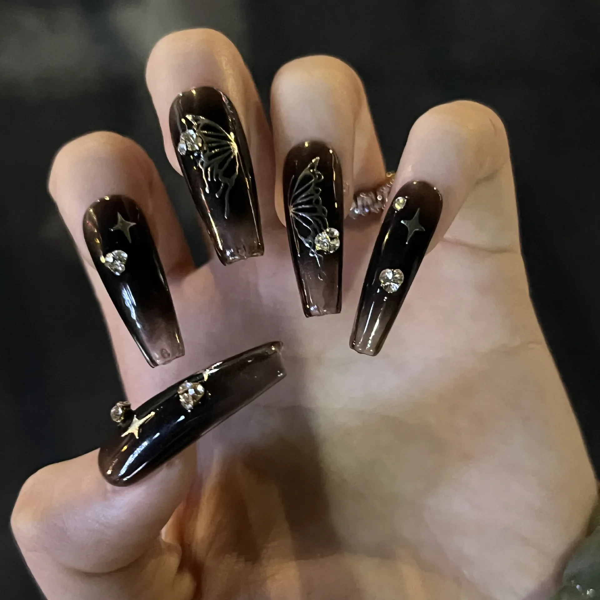 Top Trends: Silver Butterfly Shiny Rhinestone Wearable Translucent Black T-shaped Fake Nails Finished False Nails Press On Nails With Glue Shoppable Styles