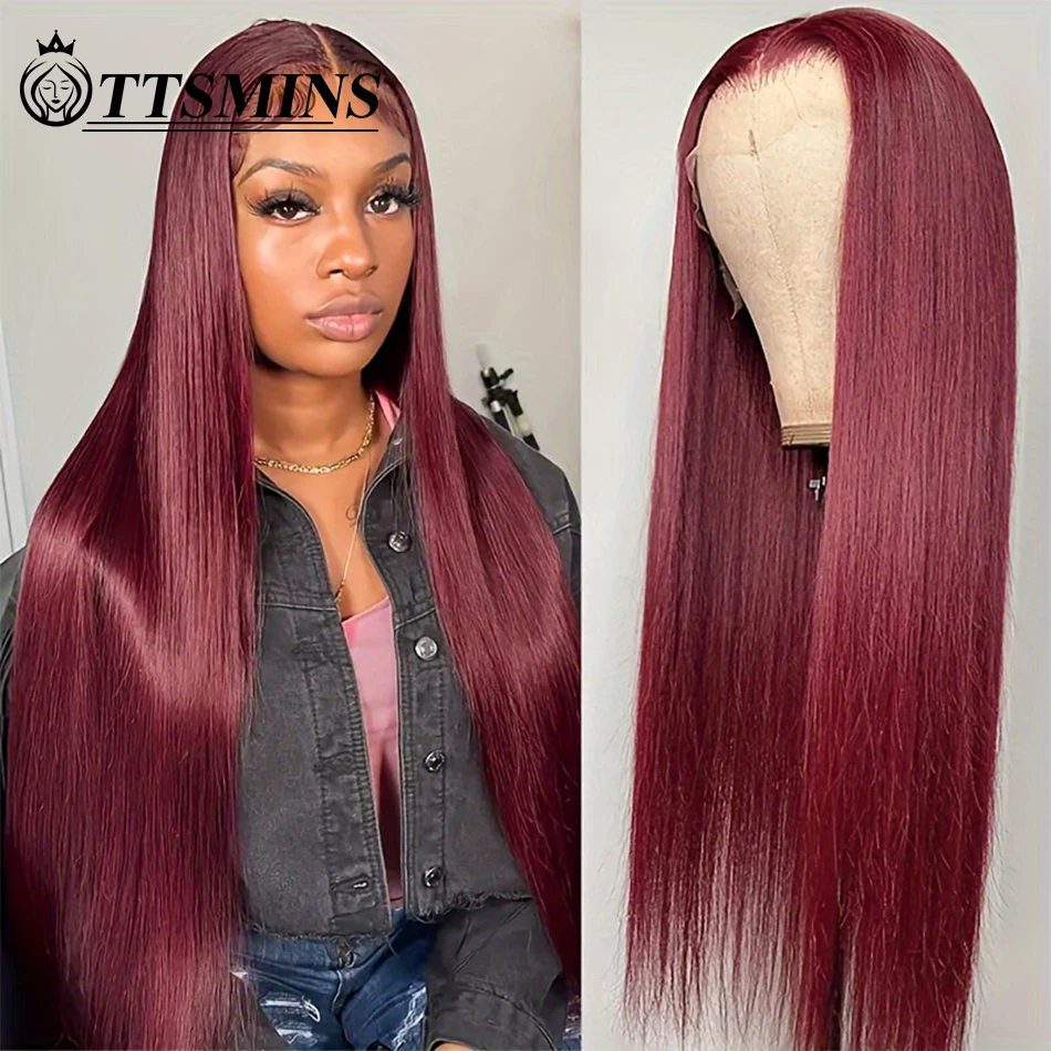 Top Trends: 34Inch Bone Straight 99J Red 13x4 Lace Front Human Hair Wigs Burgundy Colored Transparent Lace Frontal Closure Wigs For Women Shoppable Styles