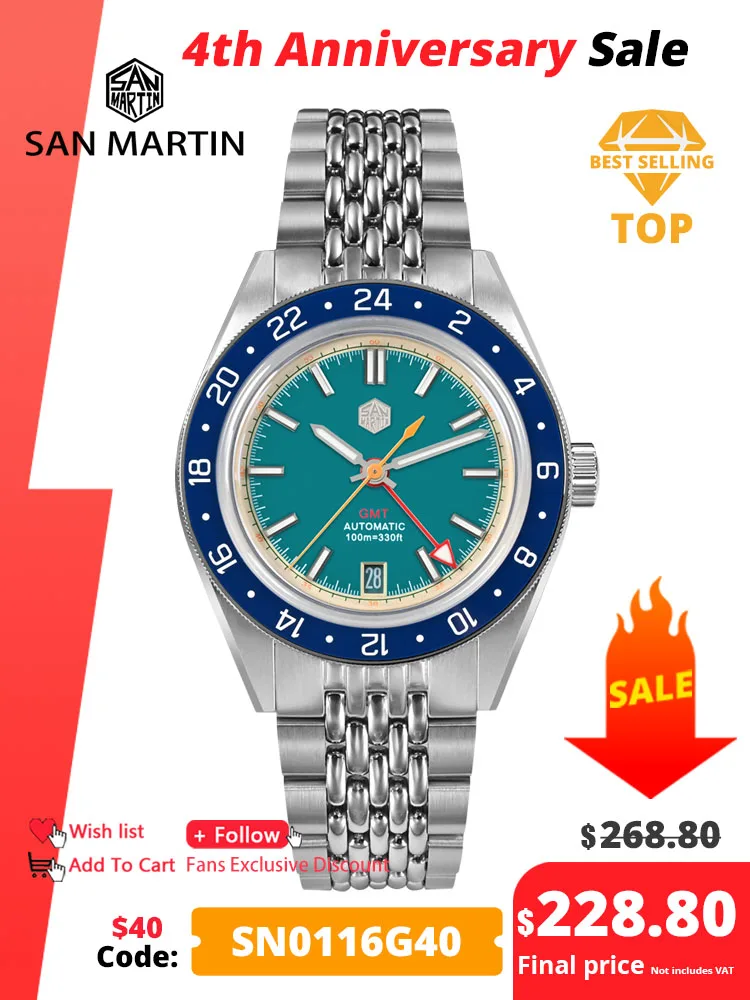 Top Trends: San Martin Original Design Fashion GMT 39.5mm Men Sports Watch Japan NH34 Automatic Mechanical Waterproof 100m SN0116 Reloj Shoppable Styles