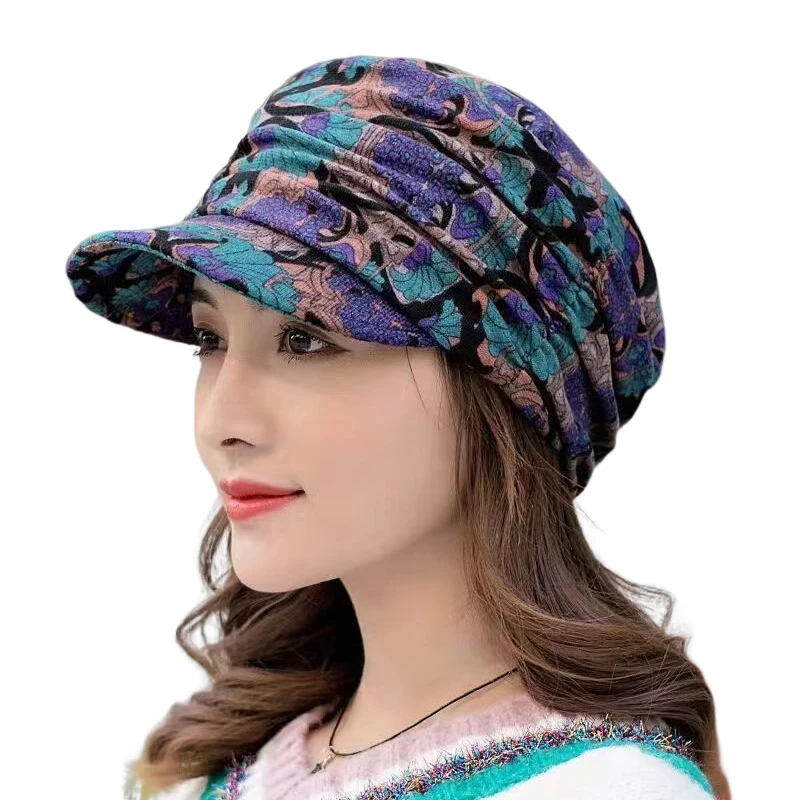 Top Trends: Fashion Short Wide Brim Floral Print Earflap Hat Ethnic Windproof Foldable Warm Women Autumn Winter Outdoor Daily Turban Visor Shoppable Styles