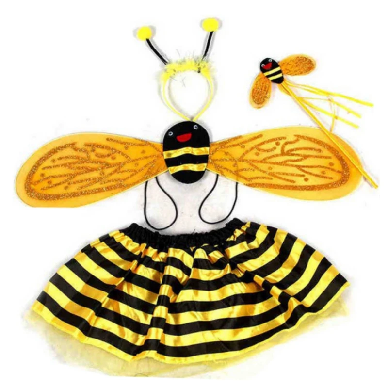 Top Trends: 4Pcs / Set Kid Fairy Costume Set Ladybird Bee Glitter Cute Wing Striped Layered Tutu Skirt Wand Headband Dress Up Halloween Outfit Shoppable Styles