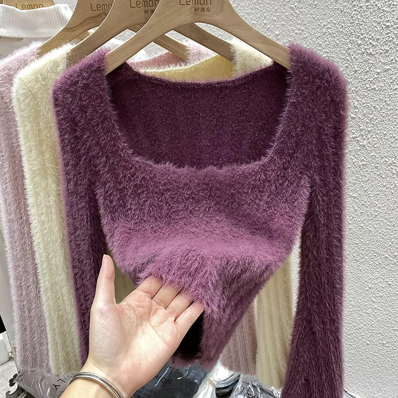 Top Trends: Mink Sweater Women's Autumn And Winter Inner Top French Niche Square Neck Short Soft Sticky Long Sleeves Top Bottom Knit Sweater Shoppable Styles