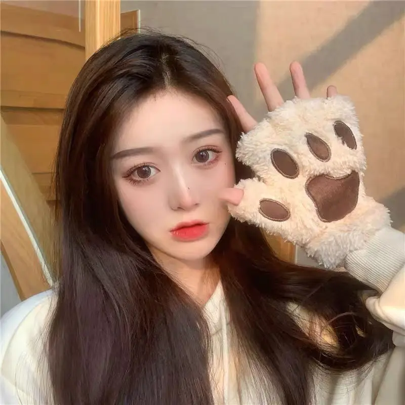 Top Trends: Women Cartoon Cat Claw Paw Plush Mittens Warm Soft Plush Fingerless Fluffy Bear Cat Gloves Costume Half Finger Christmas Gift Shoppable Styles - Image 6