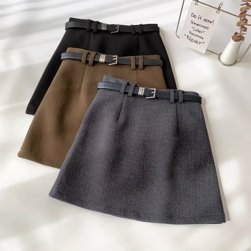 Top Trends: HOUZHOU Woolen Mini Skirt Women 2023 Autumn Winter Korean Style Sexy Solid High Waist Belt Zipper Slim A-line Skirt Office Lady Shoppable Styles