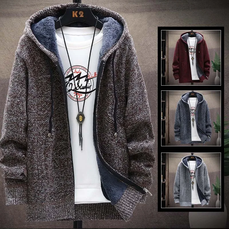 Top Trends: FALIZA Hooded Cardigan Knitted Sweater Mens Solid Color Thick Fleece Wool Casual Knitwear Male Clothing Sweaters For Men MXY117 Shoppable Styles