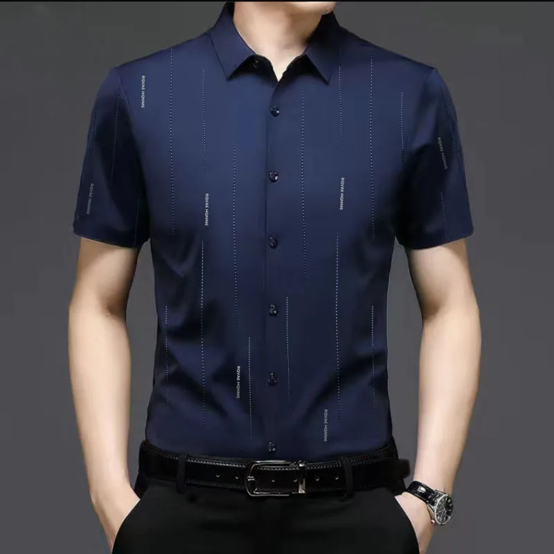 Top Trends: Business Office Casual Short Sleeve Printed Shirt For Men 2023 Summer Male Clothes All-match Single-breasted Polo-Neck Shirt Shoppable Styles - Image 5