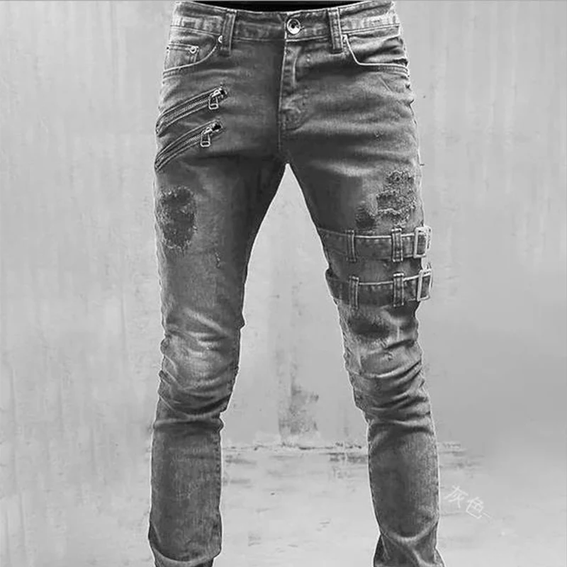 Top Trends: Zipper Decoration Slim Fit Biker Jeans Men Cotton Stretchy Ripped Skinny Jeans High Quality Hip Hop Black Oversize Denim Pants Shoppable Styles