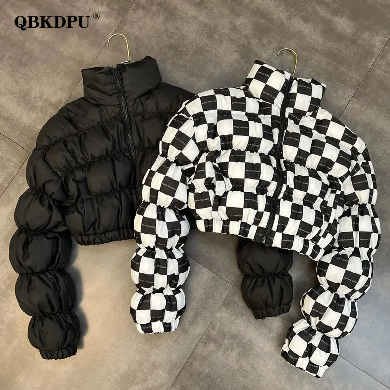 Top Trends: Winter Thick Korean Stand Collar Cropped Plaid Jacket Women Streetwear Zipper Puff Sleeve Parka Coat Casual Trendy Short Outwear Shoppable Styles