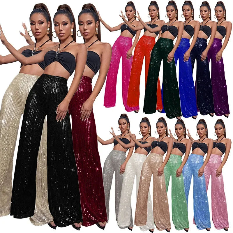 Top Trends: Women Sequin Flare Pants High Waist Sparkle Glitter Wide Leg Loose Pants Trousers Party ClubwearC Champagne Sparkle Streetwear Shoppable Styles - Image 6