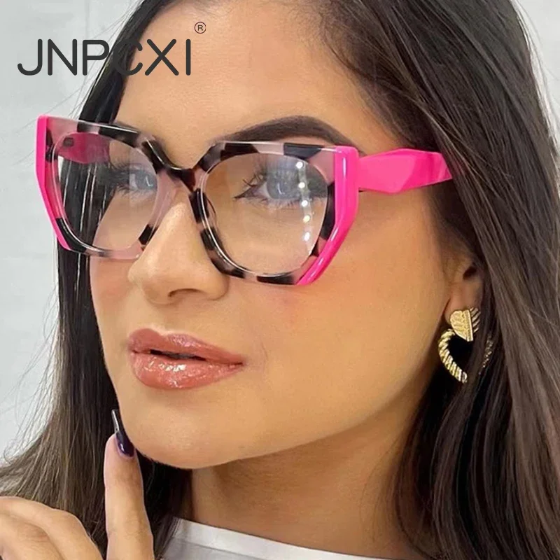 Top Trends: JNPCXI Retro Polygon Cat Eye Green Glasses Frame Women Fashion Double Color Clear Anti-Blue Light Eyewear Men Optical Frame Shoppable Styles