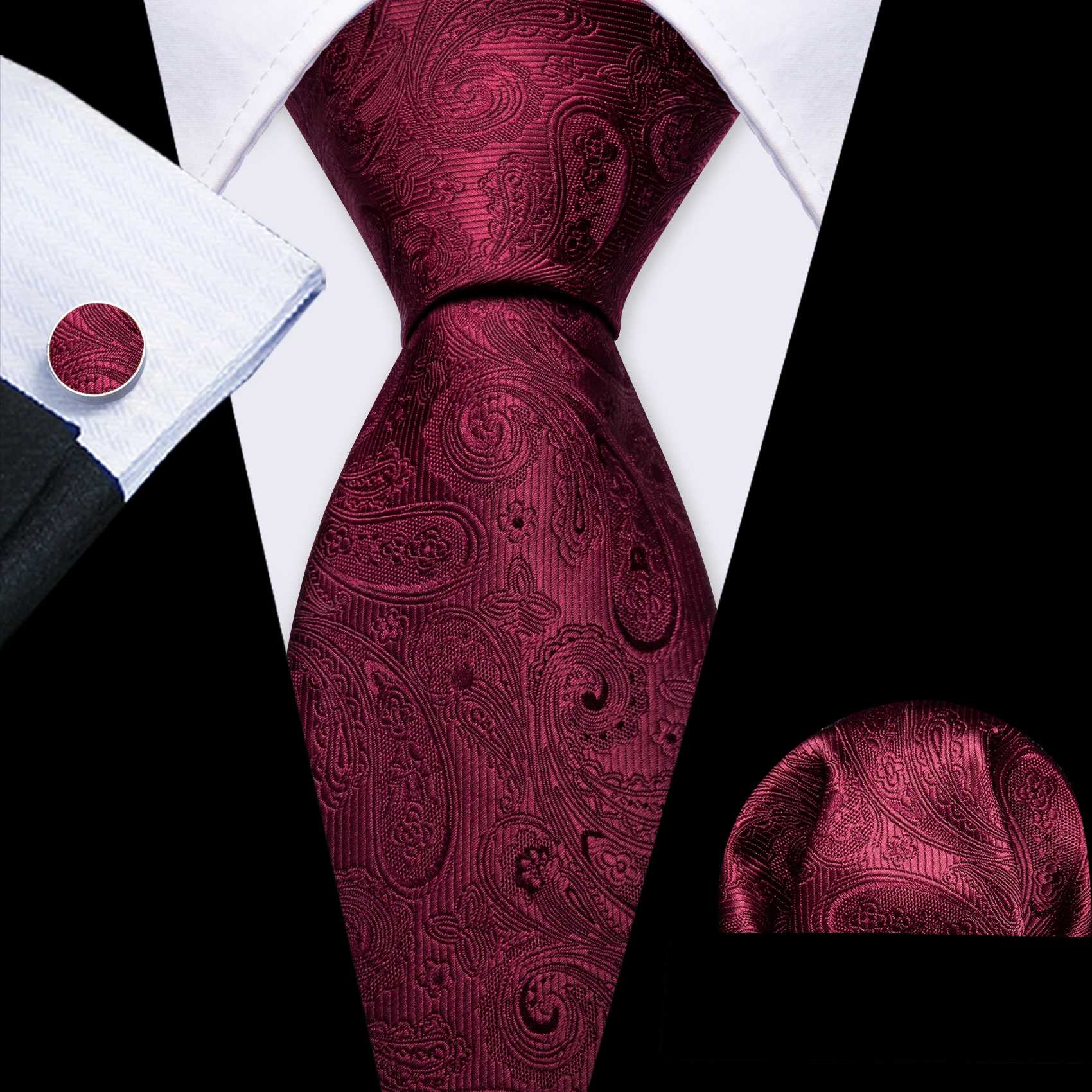 Top Trends: Barry.Wang Burgundy Silk Mens Tie Hanky Cufflinks Brooch Set Jacquard Red Wine Maroon Necktie Collar Pin For Male Wedding Events Shoppable Styles - Image 2