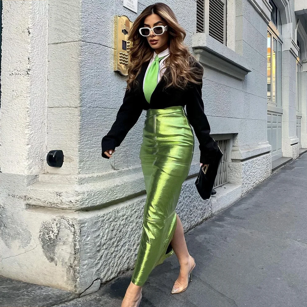 Top Trends: Metallic Green Silver Hight Waist Pencil Skirt Sexy Skinny Skirts Party Club Women Skirt Vintage Bottoms Summer Street Shoppable Styles