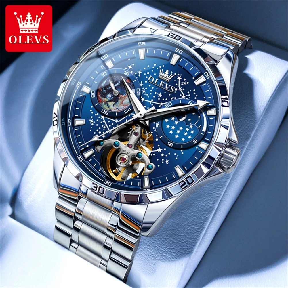 Top Trends: OLEVS Fashion Starry Sky Dial Mechanical Watch For Men Stainless Steel Waterproof Automatic Moon Phase Tourbillon Watches Mens Shoppable Styles - Image 3