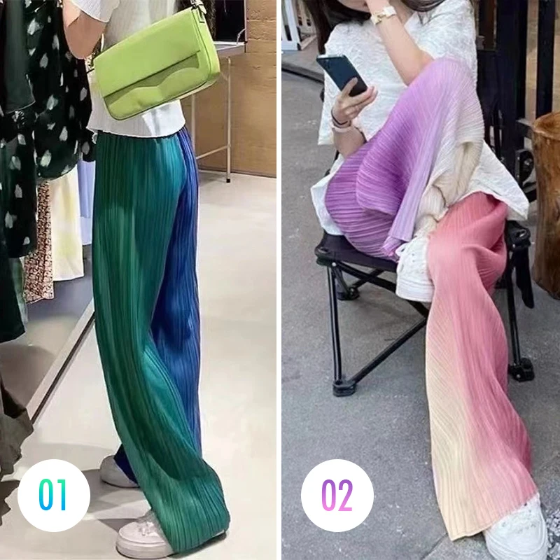 Top Trends: Two-color Gradient Wide Pants 2023 Spring Summer Ice Silk Pleated Elastic High Waist Loose Drape Straight Pants Women Trousers Shoppable Styles