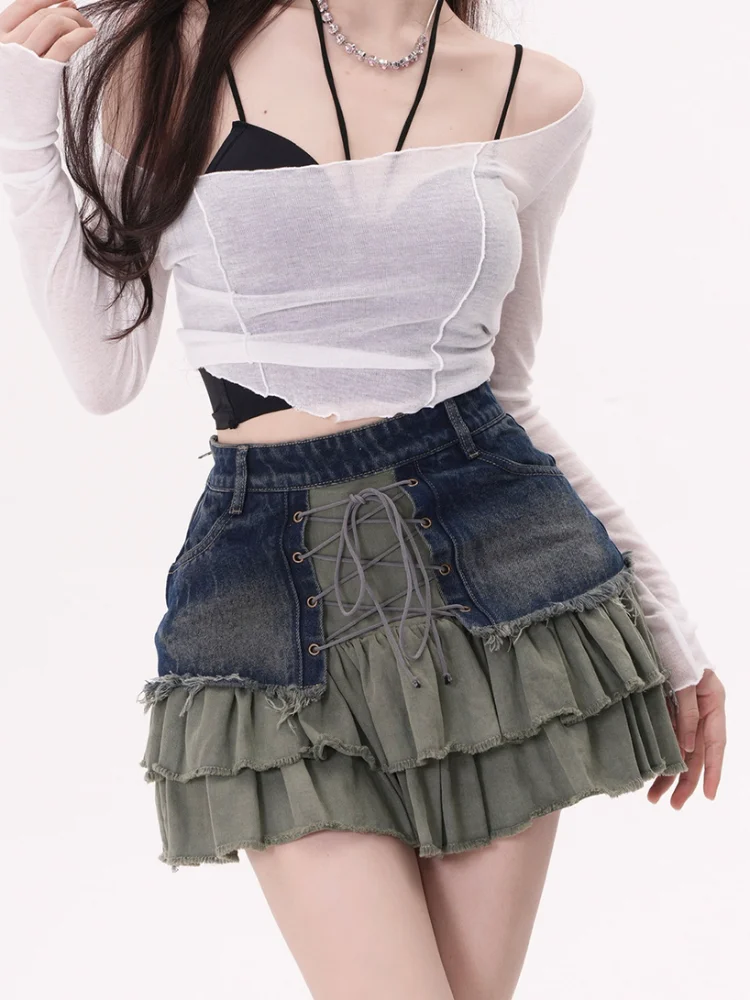 Top Trends: DEEPTOWN Y2k Vintage Denim Skirt Women High Waist A-line Patchwork Korean Fashion Bandage Ruffles Jeans Mini Skirt Summer Grunge Shoppable Styles