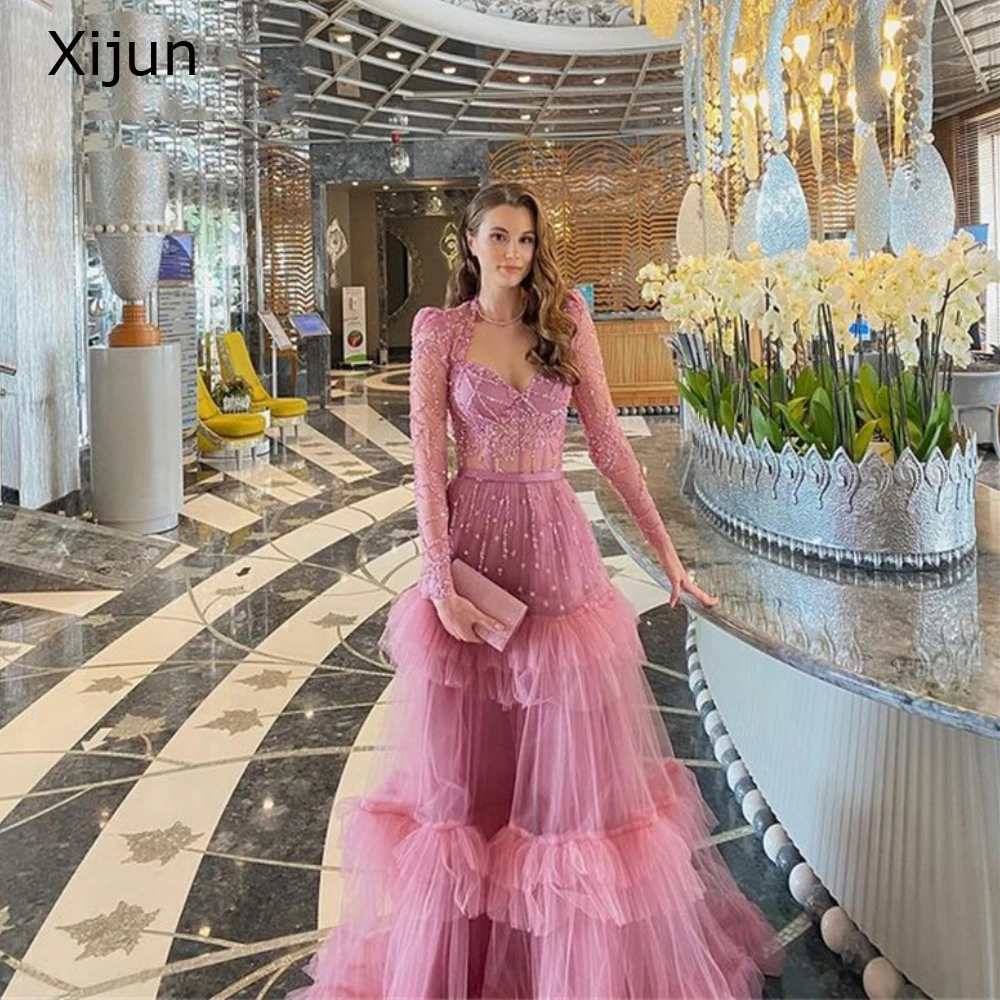 Top Trends: Xijun Glitter Long Pink Evening Dresses Saudi Arabric Formal Prom Dresses Full Sleeves Prom Gowns Princess Vestidos2023 Gogerous Shoppable Styles