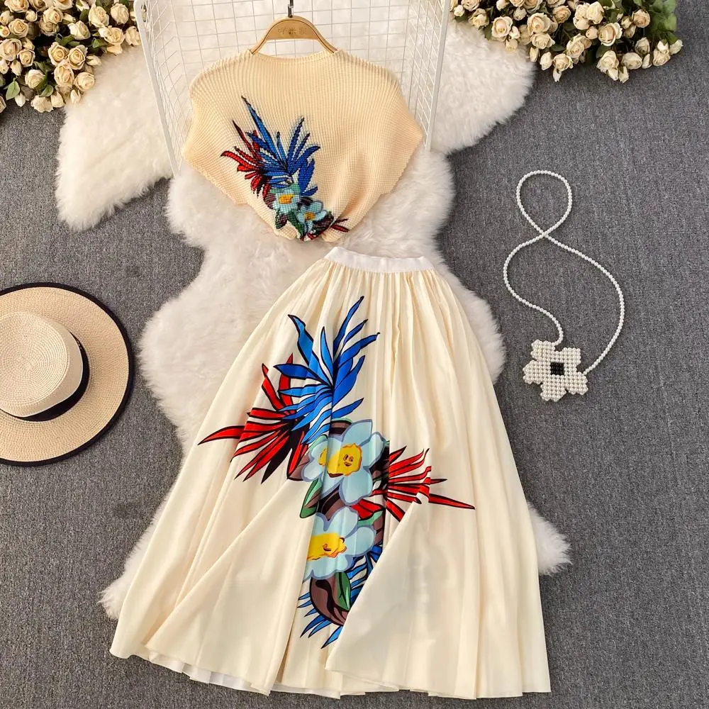 Top Trends: Miyake Pleated Suit For Women 2023 Summer Fashion Floral Printing Short Sleeve High Neck Top + High Waist Skirt Two-Piece Set Shoppable Styles