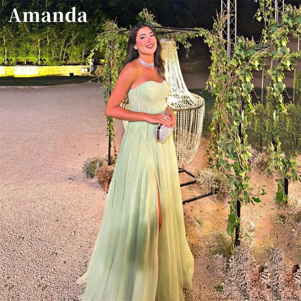 Top Trends: Amanda Light Green فساتين مناسبة رسمية Sexy Strapless Side Split Tulle Vestidos De Noche Gentle Sleeveless A-line Prom Dress Shoppable Styles