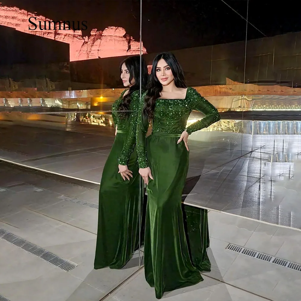 Top Trends: Sumnus Green Mermaid Evening Dreses Sequins Velvet Long Sleeve Square Neck Arabic Dubai Formal Evening Gowns Floor Length Shoppable Styles