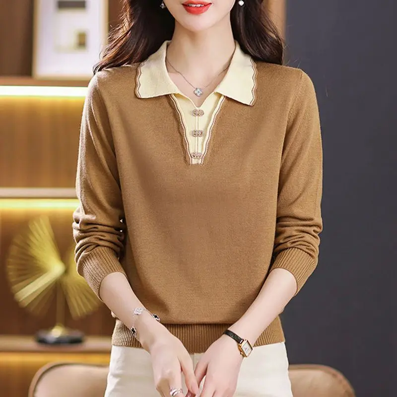 Top Trends: Spring And Autumn Women&#039;s Pullover Fake Two Piece Polo Neck Button Solid Color Sweater Underlay Fashion Casual RLong Sleeve Tops Shoppable Styles