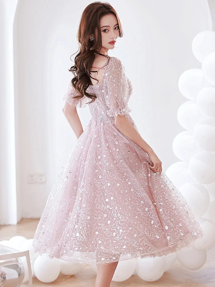 Top Trends: Bling Pink Women's Prom Dress Glitter Sequin Tulle A-Line Birthday Party Dresses Sweet Banquet Mid-Length Princess Gowns Shoppable Styles - Image 4