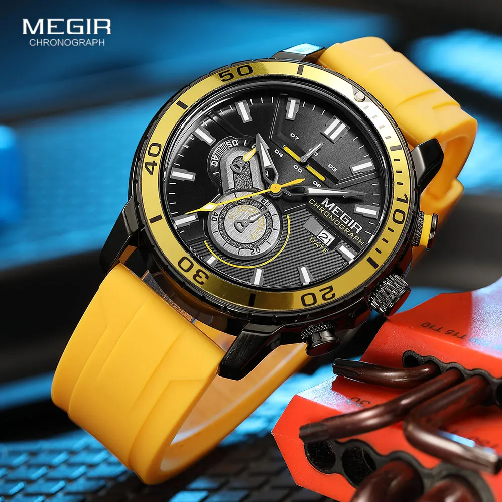 Top Trends: MEGIR Yellow Sport Quartz Watch For Men Fashion Waterproof Chronograph Wristwatch With Silicone Strap Auto Date Luminous Hands Shoppable Styles