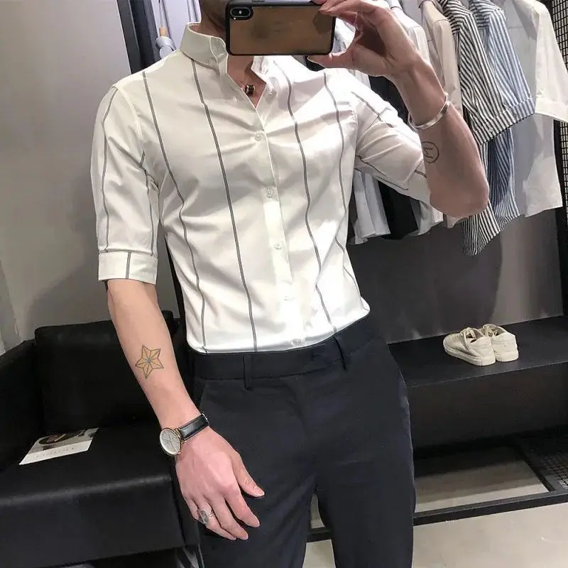 Top Trends: Fashion Men Shirt Elastic Korean Version Trend Striped Long-Sleeved Shirt Basic Hot Free Casual Dress Short-Sleeved Shirt A3410 Shoppable Styles