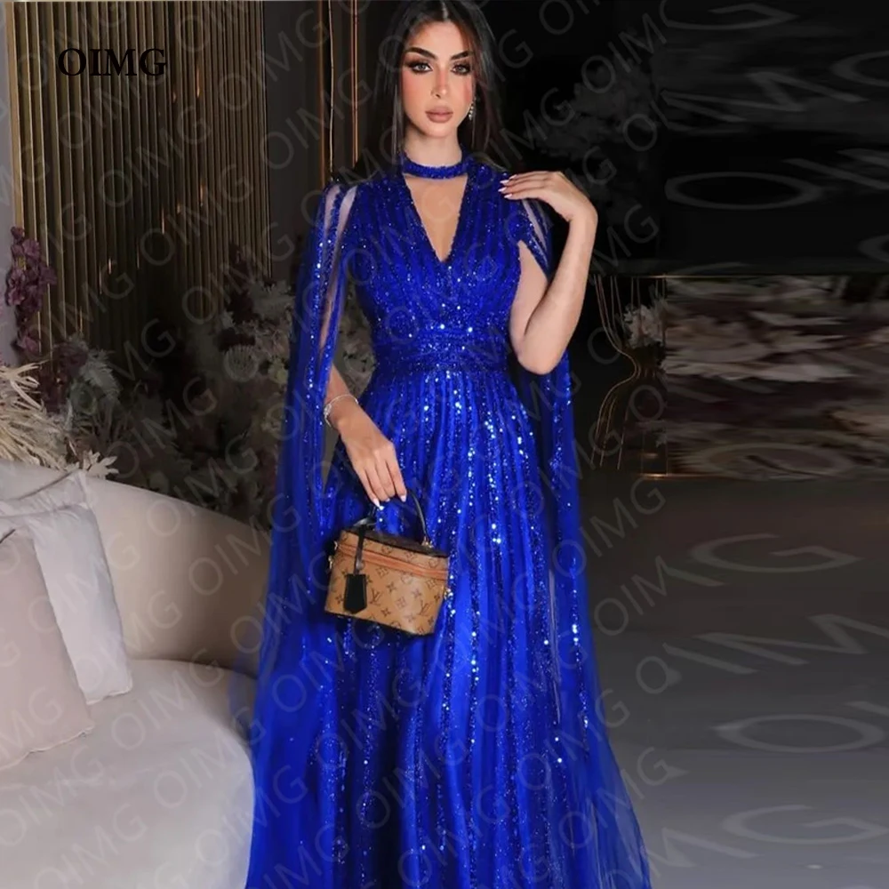 Top Trends: OIMG Royal Blue Tulle Shiny Long Prom Dress Gowns O Neck Vintage Beads Sequins Night Evening Dress Dubai Party Formal Gown Shoppable Styles