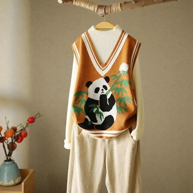 Top Trends: Kawaii Cartoon Panda Sleeveless Sweaters Vest Women's Clothing Fashion Pullovers Spring Autumn Loose Casual V-Neck Knitted Tops Shoppable Styles