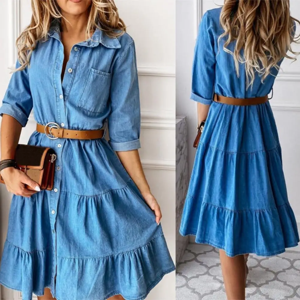 Top Trends: Denim Dress Three Quarter Sleeve With Belt Turn-down Collar Spring Autumn Buttons Ruffle Jeans Dresses For Women 2022 Shoppable Styles