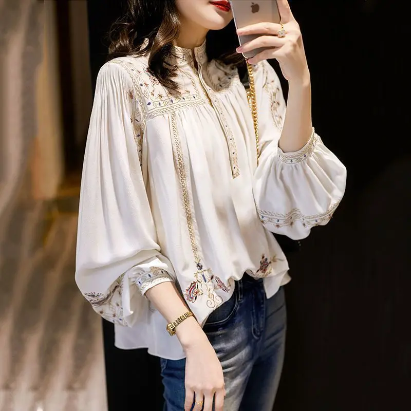 Top Trends: Fashion Printed Spliced Lantern Sleeve Blouses Women&#039;s Clothing 2023 Autumn Winter New Loose Office Lady Tops Casual Shirts Shoppable Styles