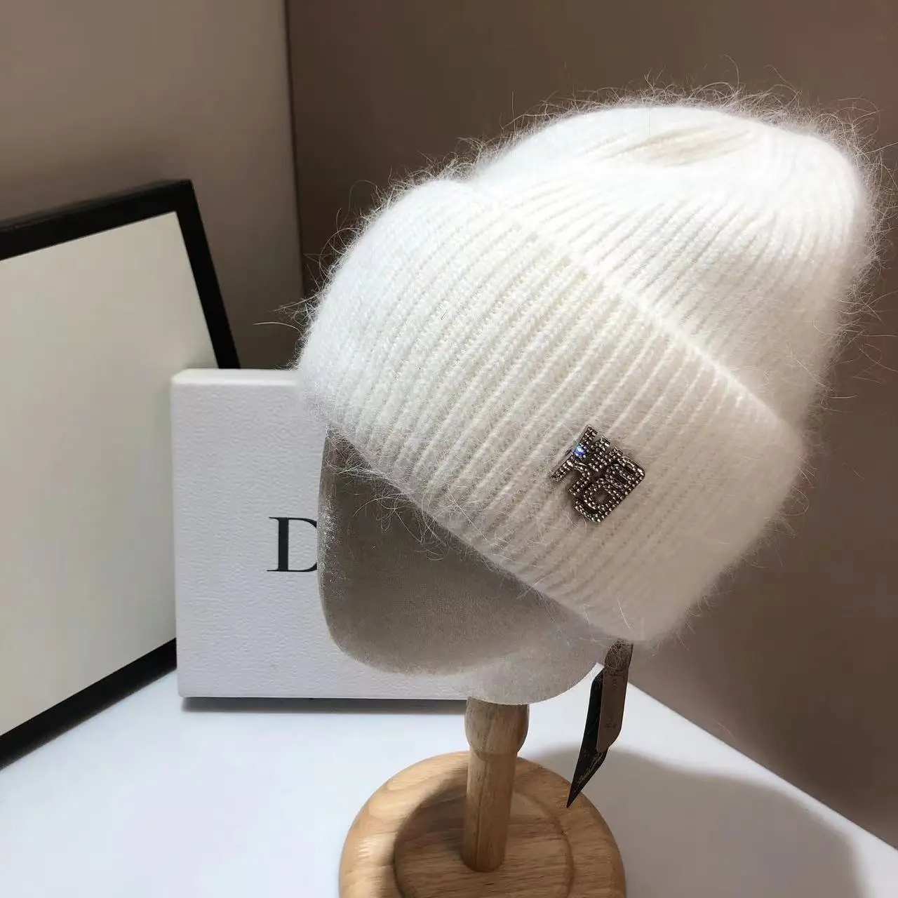 Top Trends: Real Rabbit Fur Winter Hats For Woman Autumn Winter Warm Knitted Skullies Beanies Luxury Rhinestones Logo Lady Knit Bonnet Shoppable Styles