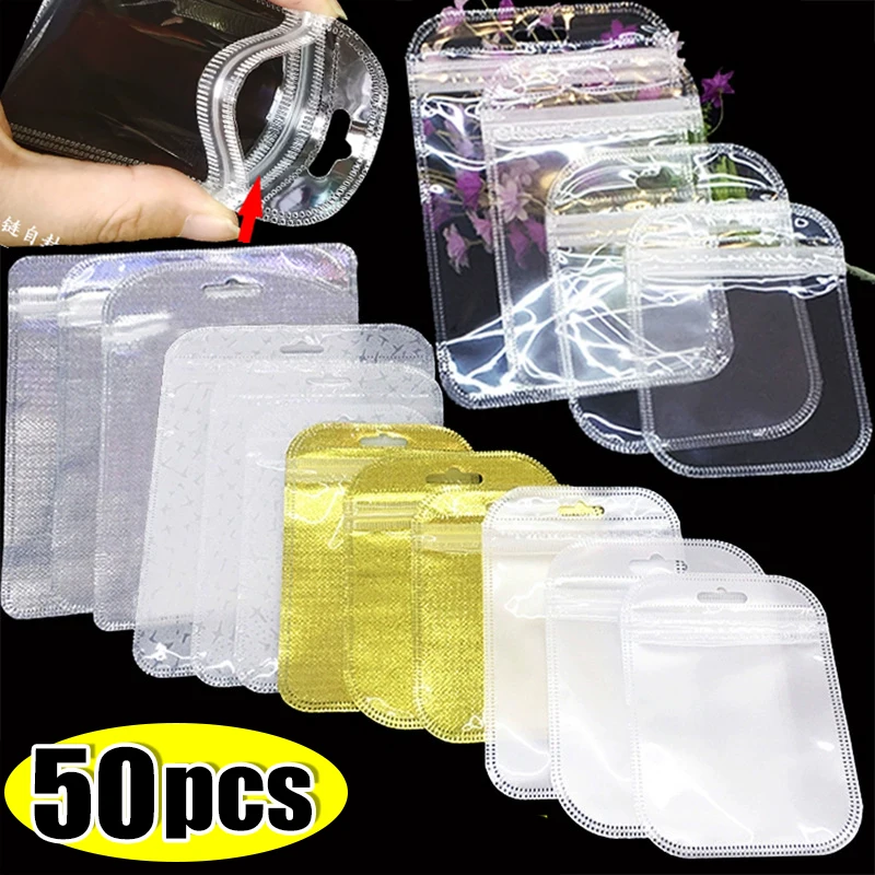 Top Trends: 50pcs Thicken Resealable OPP Bags Laser Iridescent Bag Clear Storage Bag White Bag With Hang Hole For DIY Jewelry Making Shoppable Styles