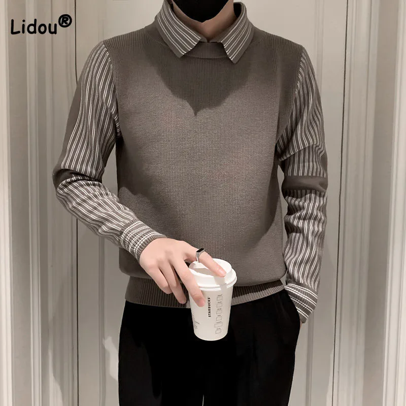 Top Trends: Trend Men's Fake Two Pieces Spliced Sweaters Autumn Winter Fashionable Casual Striped Long Sleeve Pullovers Tops Male Clothes Shoppable Styles