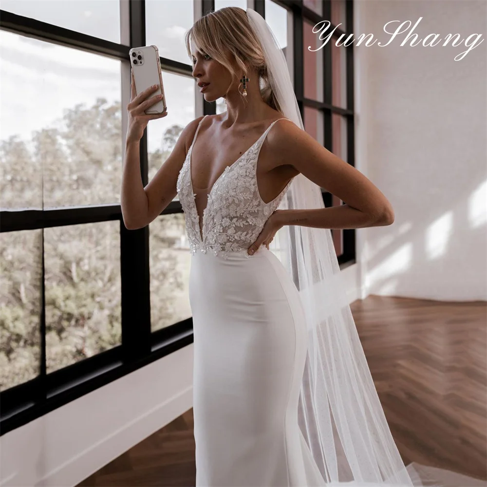 Top Trends: Yunshang Mermaid Wedding Dresses Lace V-Neck Spaghetti Straps Open Back Satin Elegant Bridal Gown Sweep Train Vestidos De Novia Shoppable Styles