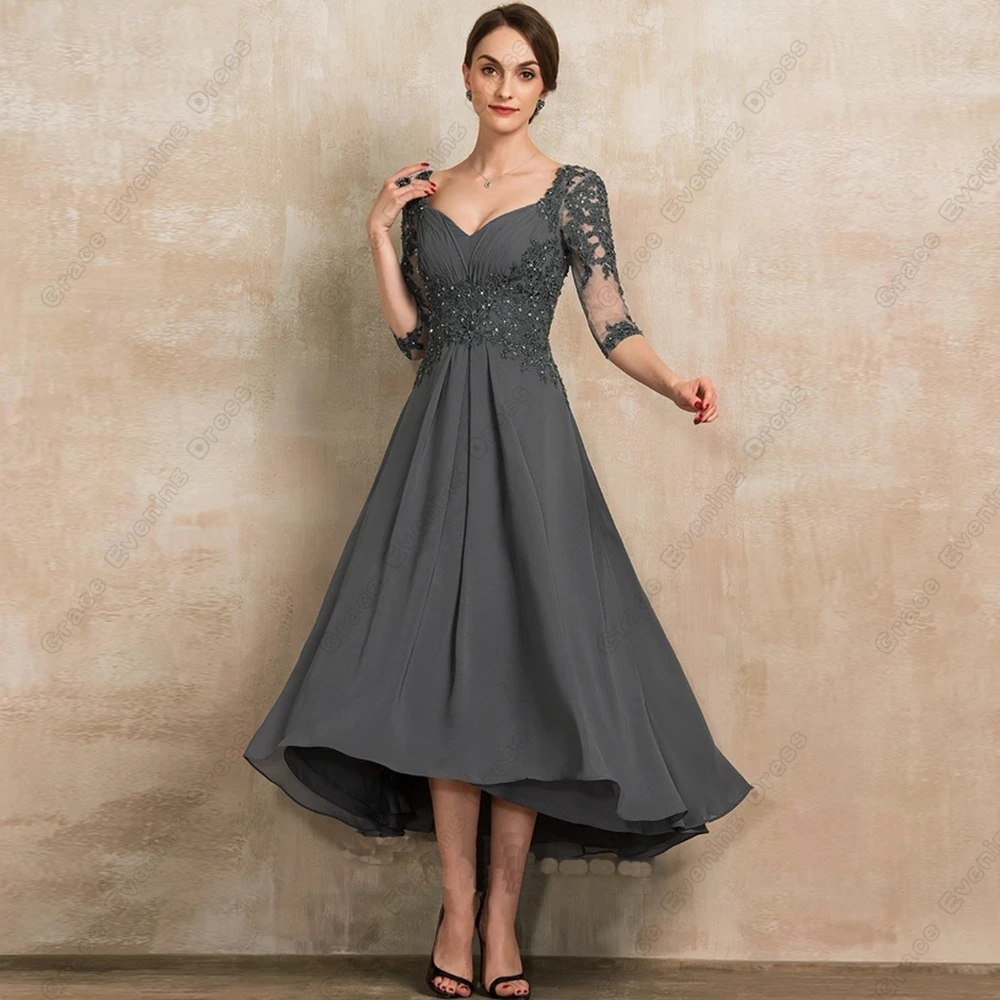 Top Trends: Fashion Grey Strapless Mother Of Bride Dresses Tea Length Three Quarter Wedding Party Dresses With Lace 2023 Vestidos De Noche Shoppable Styles