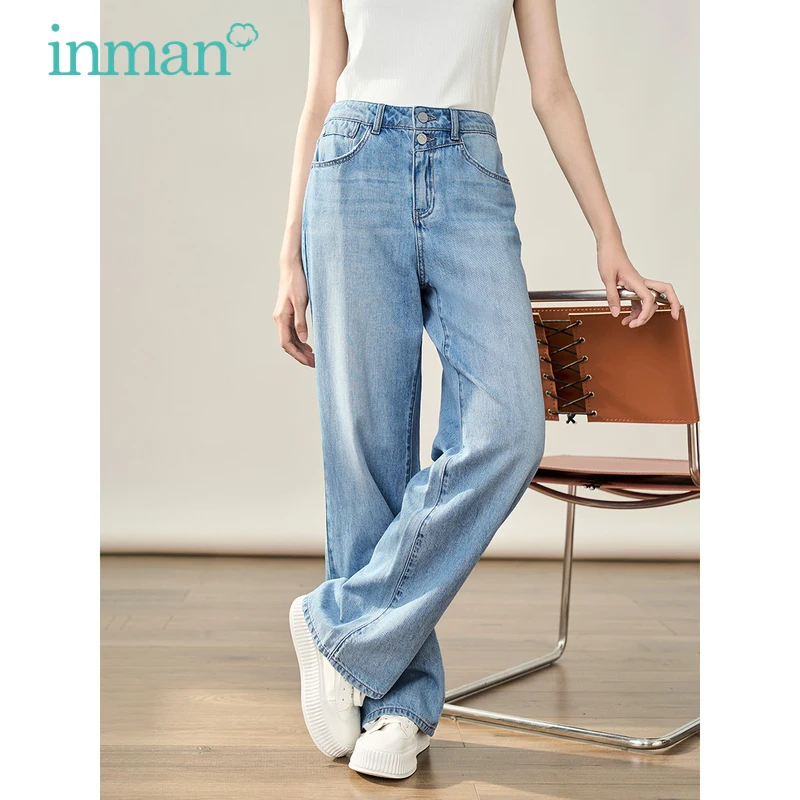 Top Trends: INMAN Women Jeans 2023 Autumn High Waist Straight Loose Wide-leg Trousers Fashion Casual Versatile Blue Denim Pants Shoppable Styles